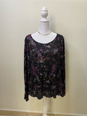 J.Jill Black Floral Semi Sheer Top L Velvet Trim Long Sleeve Button Whimsygoth